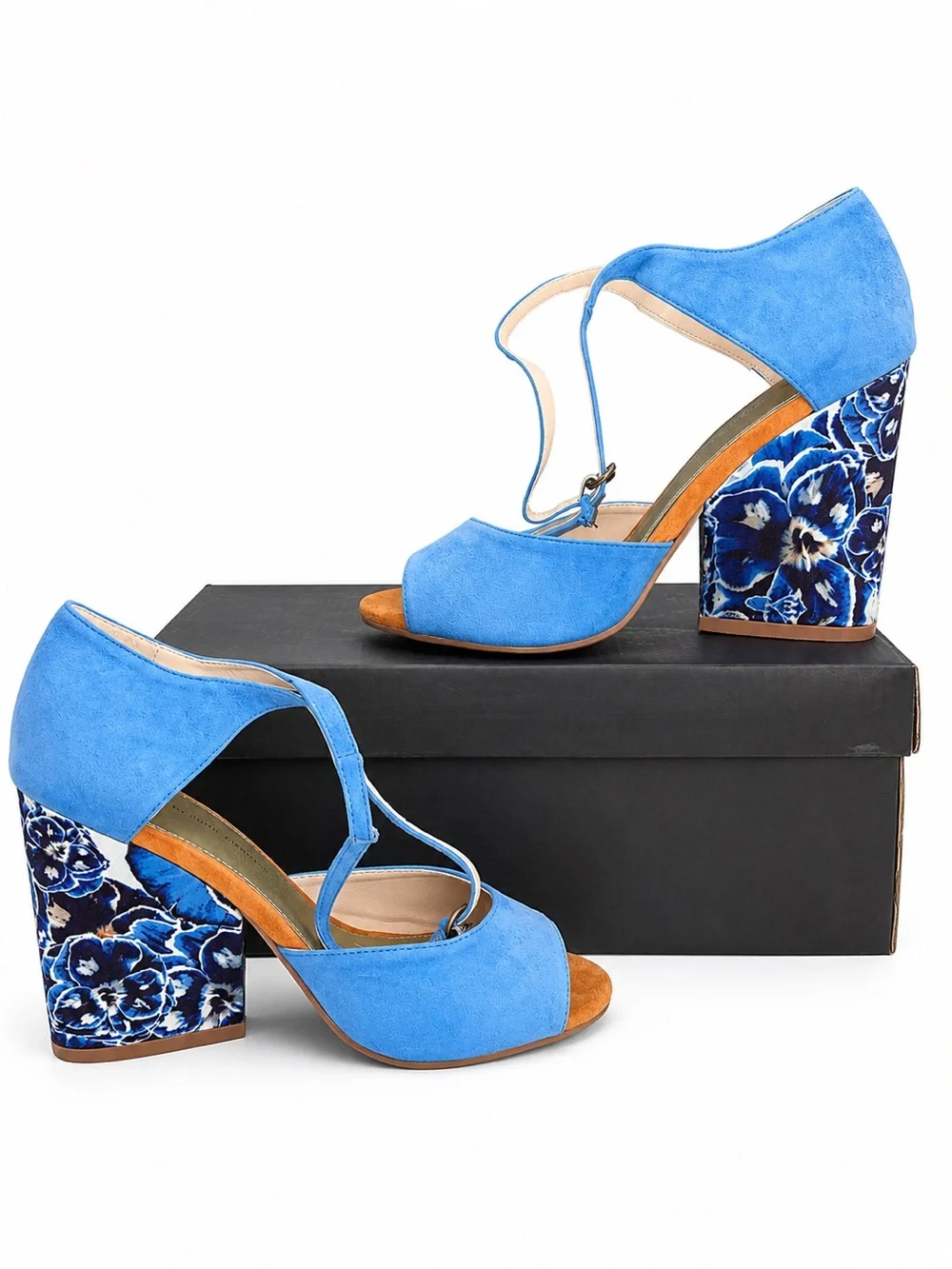 June Ambrose Blue Suede Floral Wedge Sandals Women’s 7.5W Genuine Leather